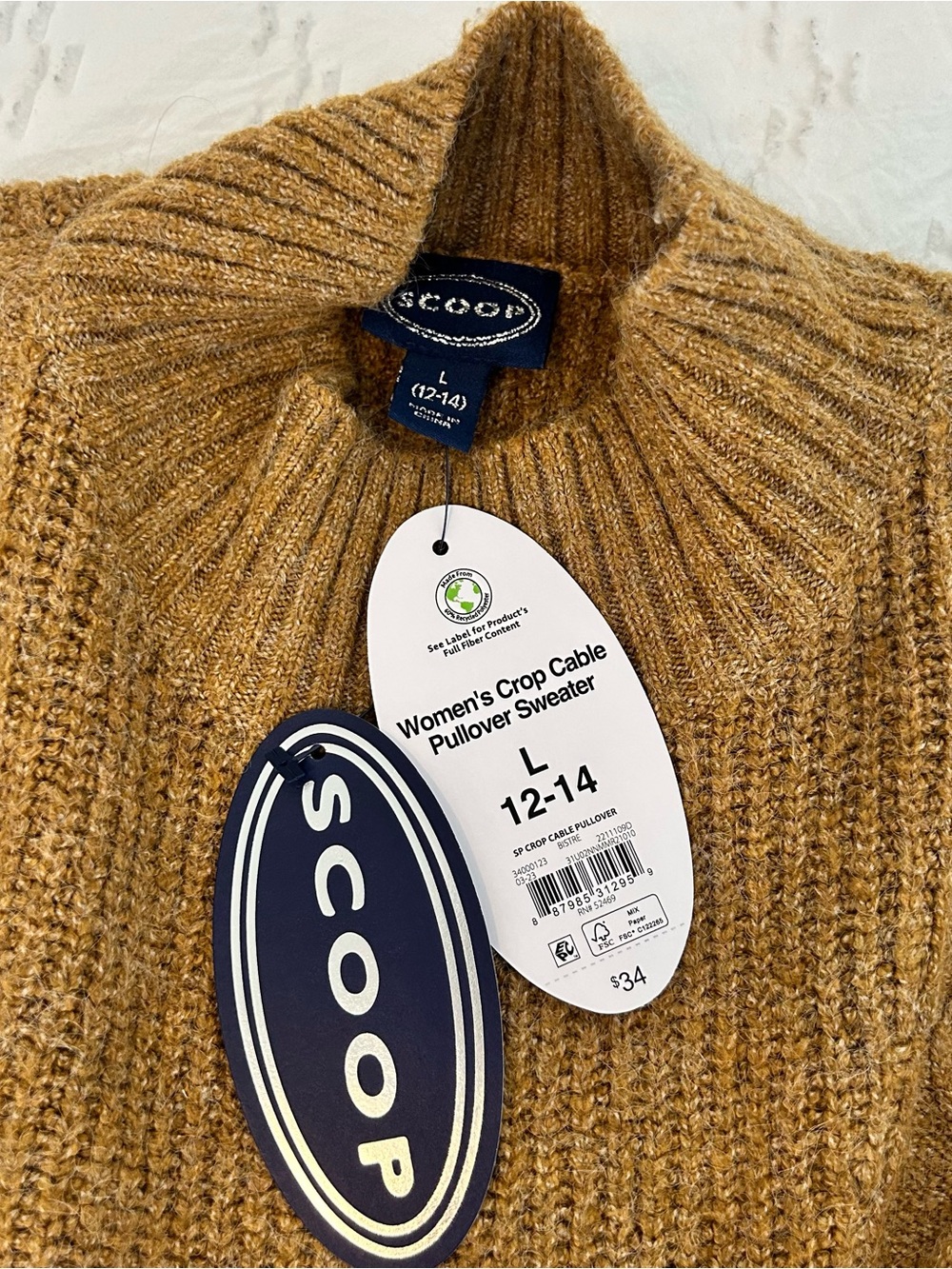Scoop Women’s Balloon Sleeve Crewneck Cropped Sweater Camel Tan L (12-14) NEW - Picture 5 of 9